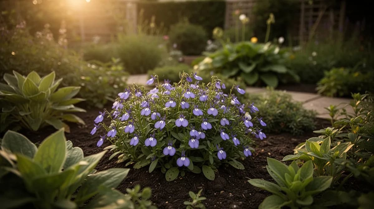 Lobelia planted in a mixed container with petunias and geraniums