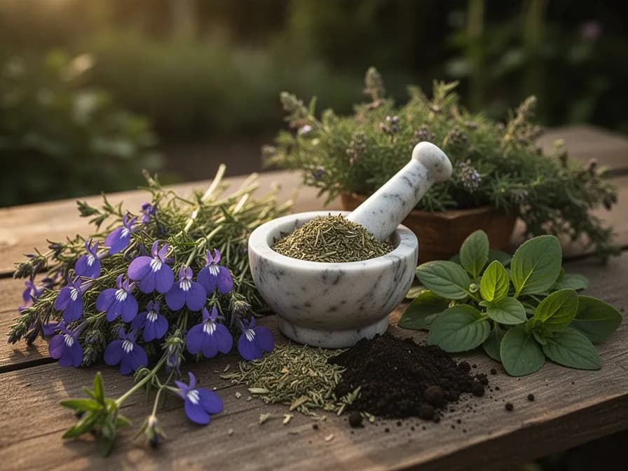Lobelia inflata, die wild in einer teilweise schattigen Waldlichtung zwischen Gräsern und anderen einheimischen Pflanzen wächst