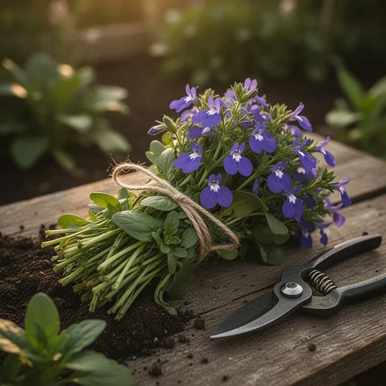 Frisch geerntete Lobelia inflata Pflanzenteile mit Blättern, Blüten und Stängeln, ausgelegt auf einem Holztrockengestell