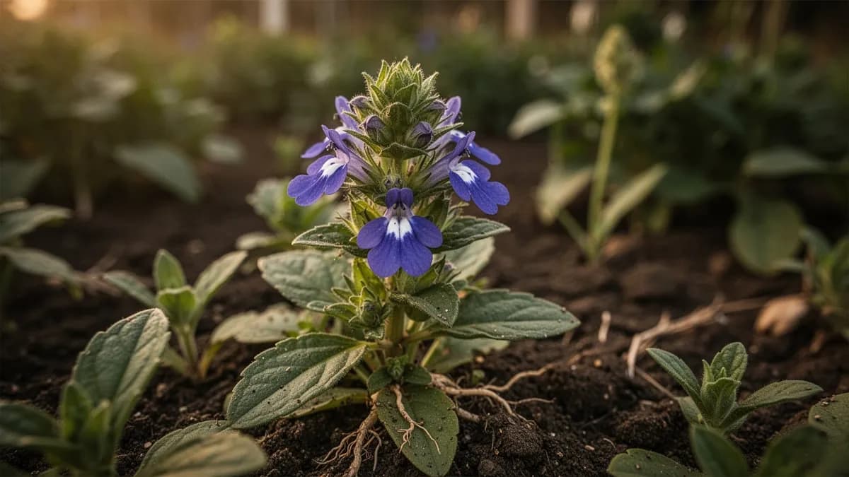 Lobelia inflata creciendo silvestre en un claro de bosque parcialmente sombreado entre hierbas y otras plantas autóctonas