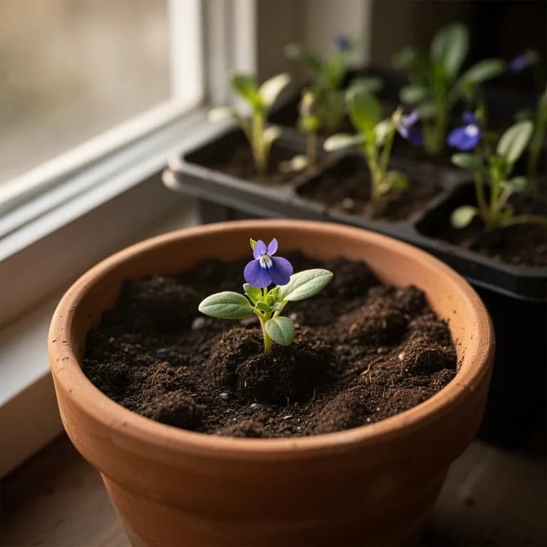 Winziger Lobelia inflata Sämling, der aus feuchter Erde mit seinem ersten Paar ovaler Keimblätter hervorkommt