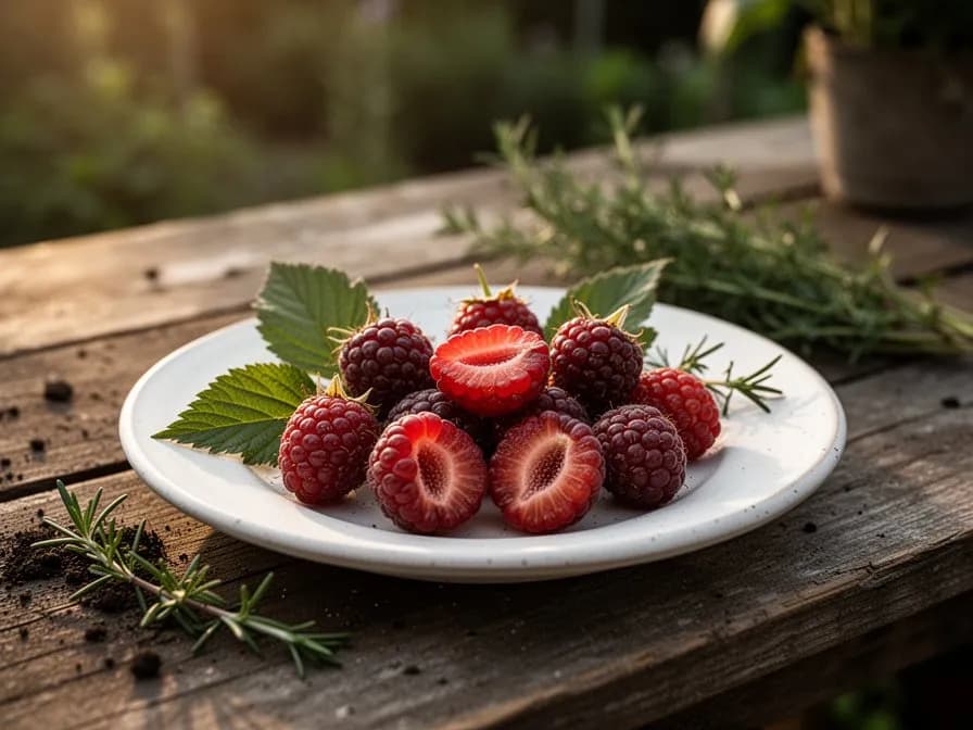 Loganbeeren-Ruten, die entlang horizontaler Drähte an einem Gartenzaun erzogen werden