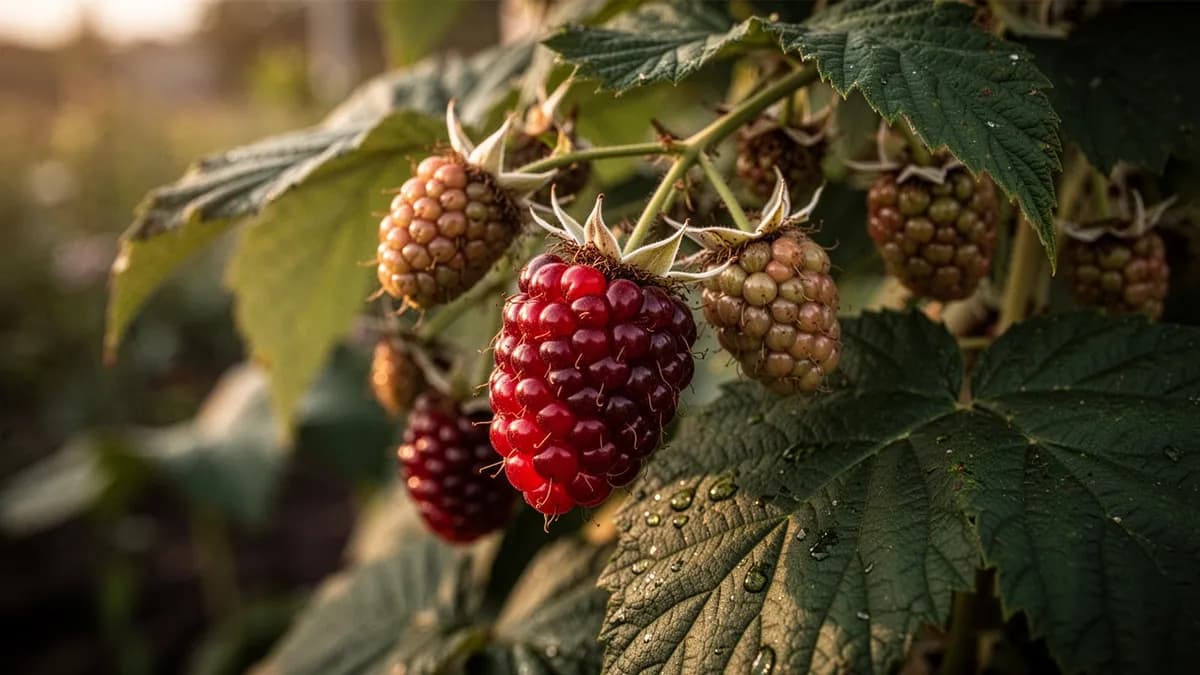 Cañas de loganberry guiadas a lo largo de alambres horizontales en una valla de jardín