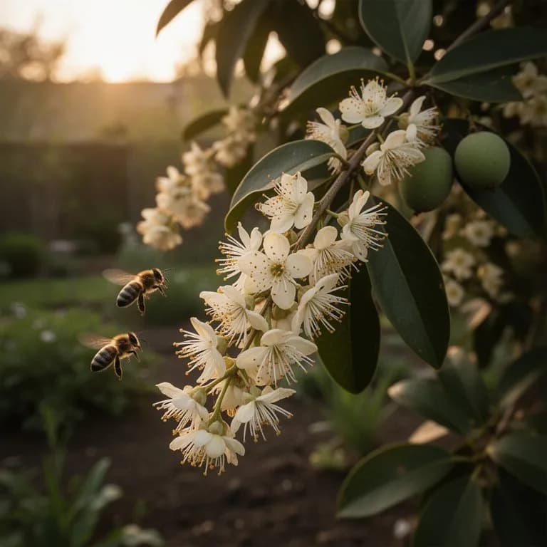 Longán en flor con racimos de pequeñas flores amarillentas