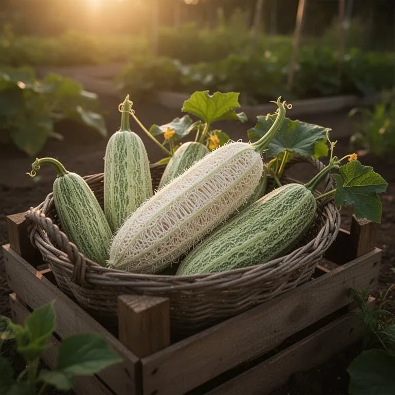 Tender young smooth loofah gourd hanging vertically from the vine at the edible stage