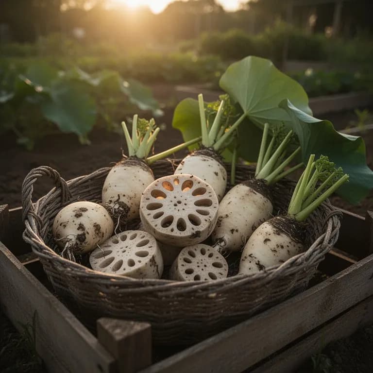 Freshly harvested lotus roots being washed to reveal their tan skin and elongated sausage-like segments
