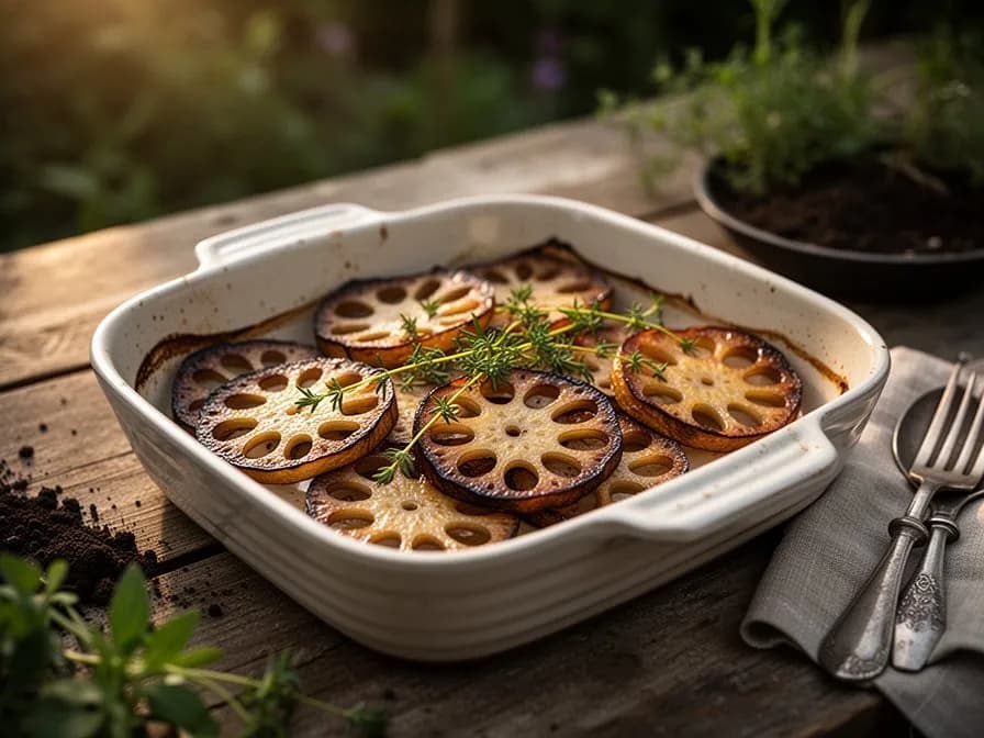 Stir-fried lotus root slices in a wok with sesame seeds and green onions