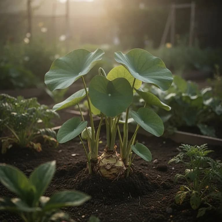 Tall lotus plants with large umbrella-like leaves standing above water level in a pond