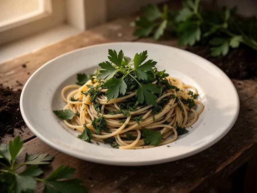 Schüssel cremiger Kartoffel-Liebstöckel-Suppe, garniert mit frischen Liebstöckelblättern und einem Sahnewirbel
