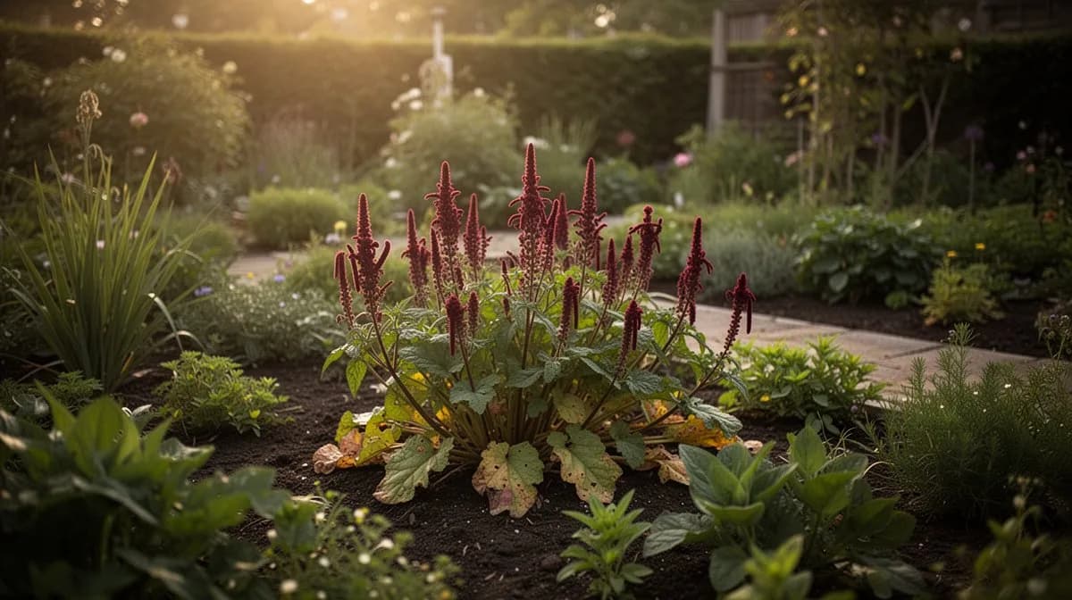 Garten-Fuchsschwanz in voller Blüte in einer Bauerngarten-Rabatte neben Zinnien und Sonnenblumen