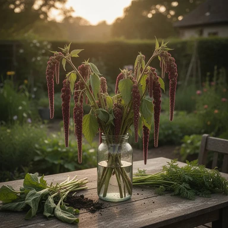 Frisch gepflückte Garten-Fuchsschwanz-Blätter auf einem rustikalen Holzbrett neben einem Küchenmesser arrangiert
