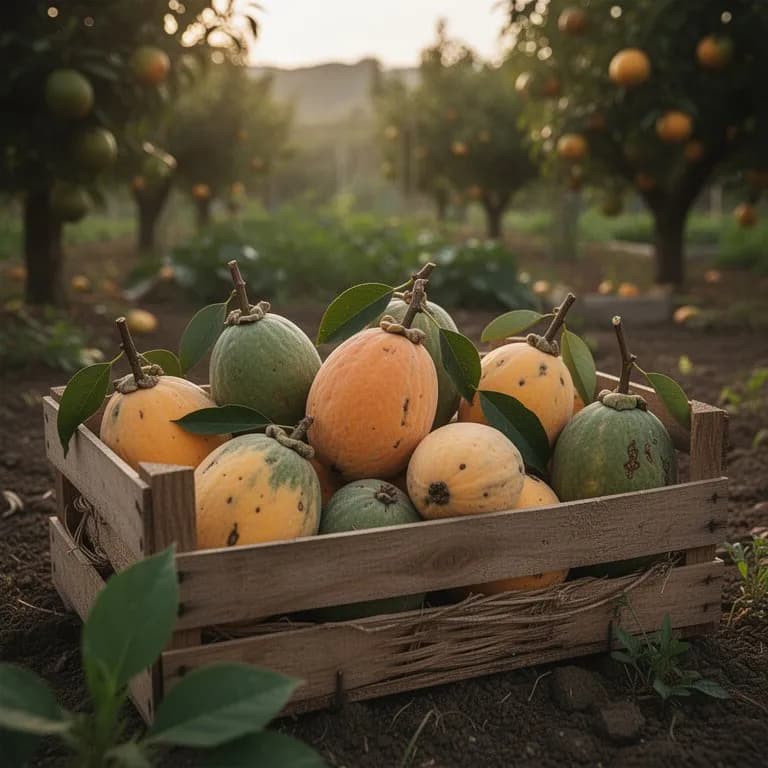 Frutos maduros de lúcuma con piel verde abiertos para revelar pulpa seca de color naranja amarillento intenso y una gran semilla marrón