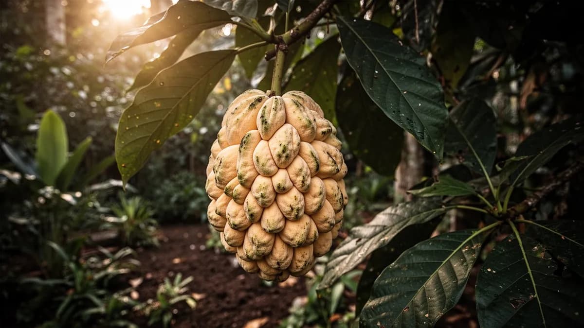 Árbol maduro de lúcuma con copa densa de hoja perenne y frutos verdes redondos visibles entre el follaje