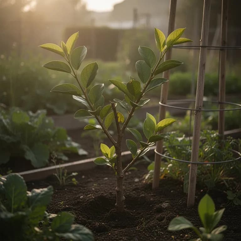 Joven lúcuma injertada de aproximadamente un metro de altura creciendo en un contenedor con mezcla de cultivo bien drenante