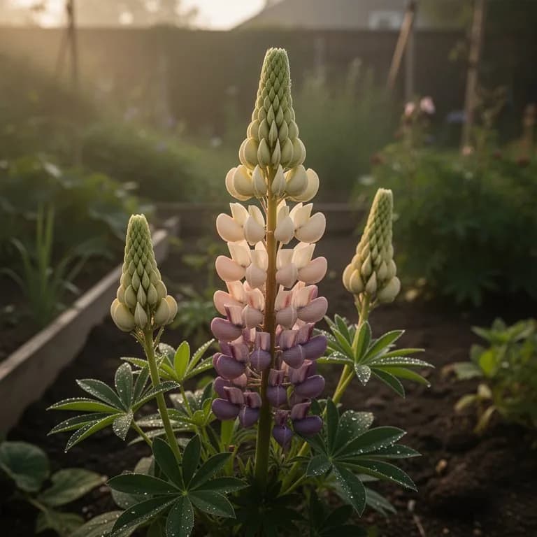 Bumblebee visiting a purple lupine flower spike covered in nectar-rich blooms