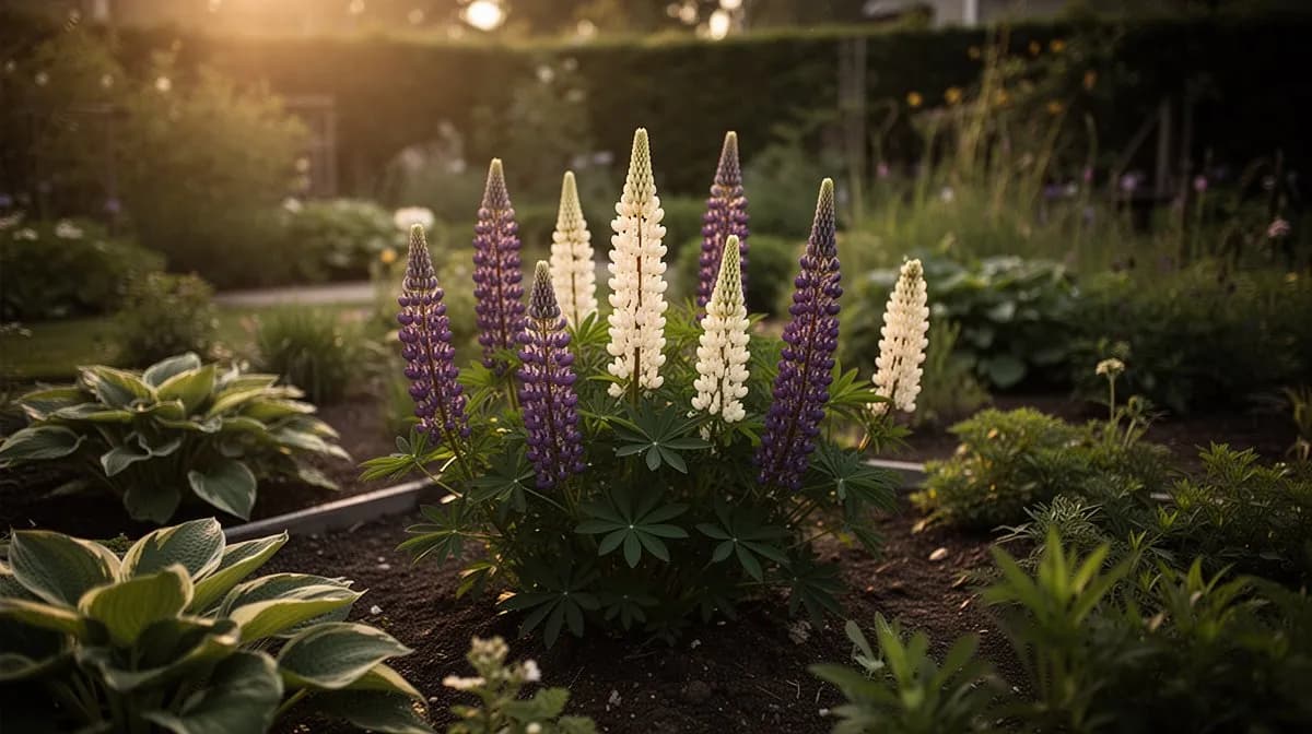 Wild lupine field in full bloom covering a hillside with blue and purple flowers