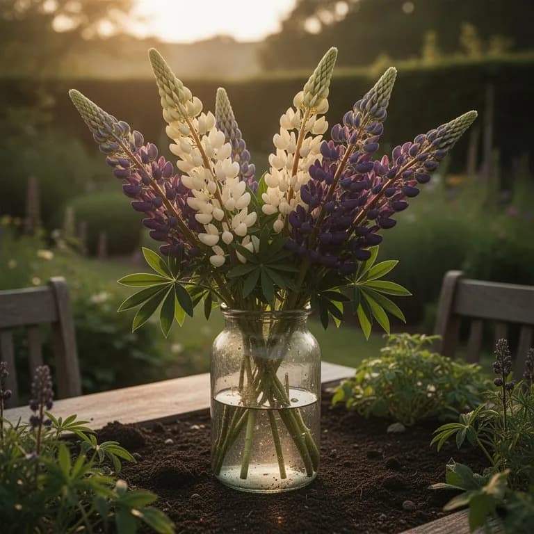 Gardener collecting lupine seed pods from dried flower stalks in late summer