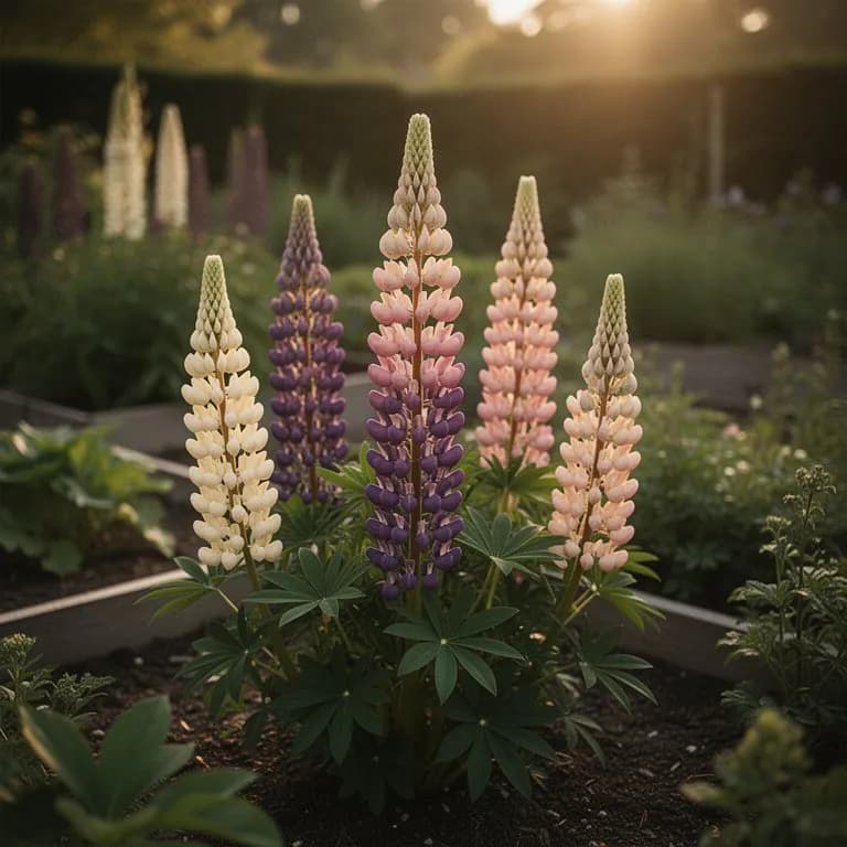 Lupinos híbridos Russell mostrando una gama de espigas bicolores en rojo, amarillo, rosa y azul