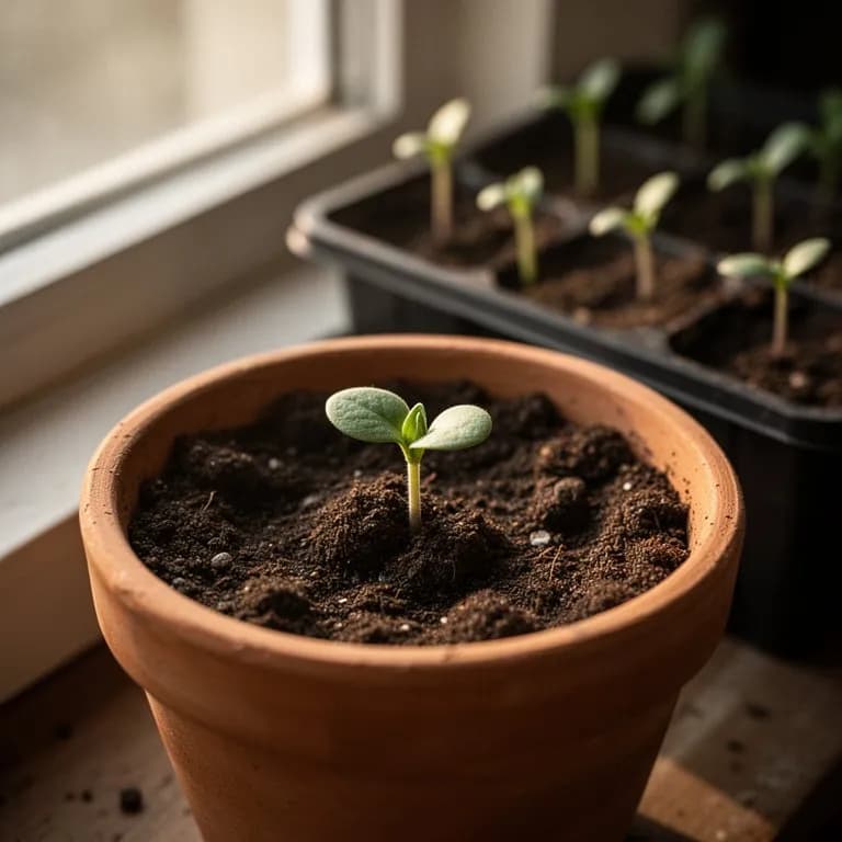 Young lupine seedlings with emerging palmate leaves unfurling from the soil
