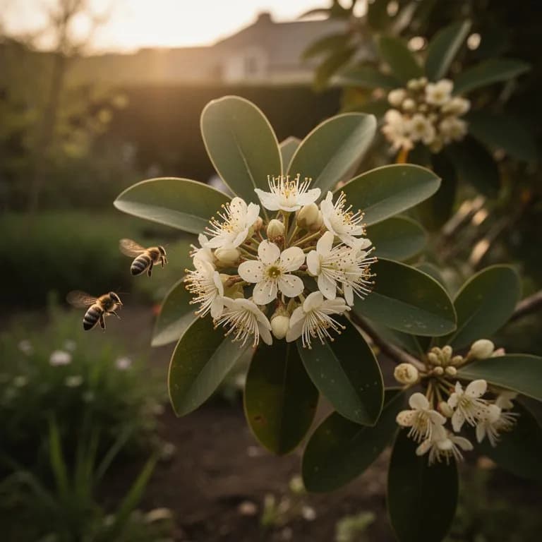 Árbol de lichi en flor con pequeños racimos de flores blancas