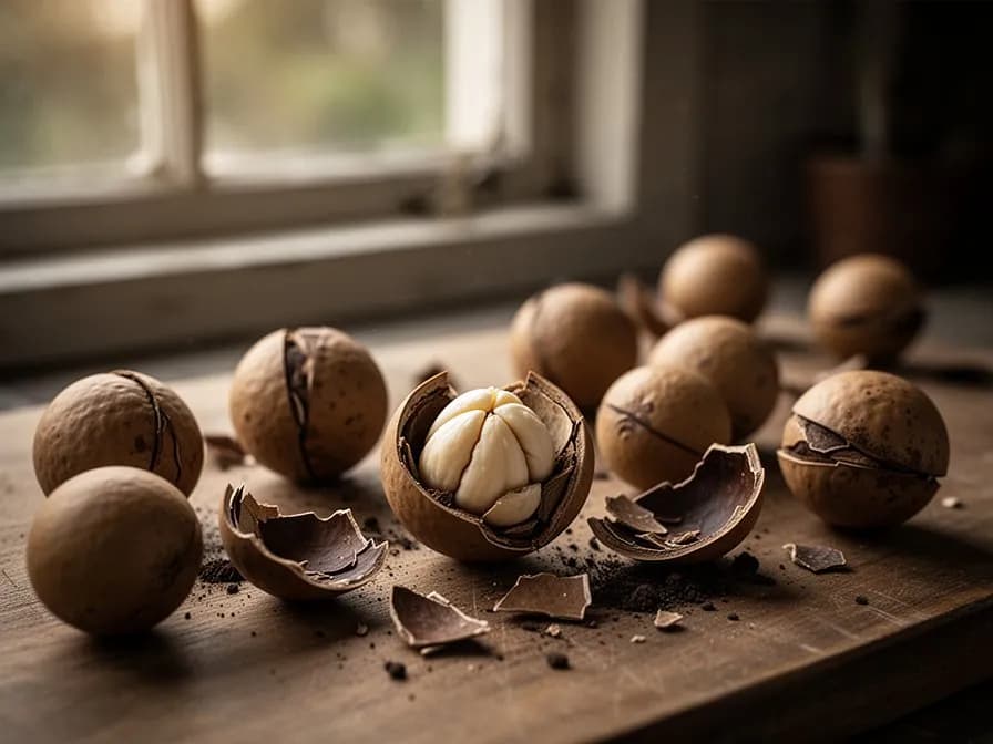 Schale mit goldenen, gerösteten Macadamia-Nusskernen
