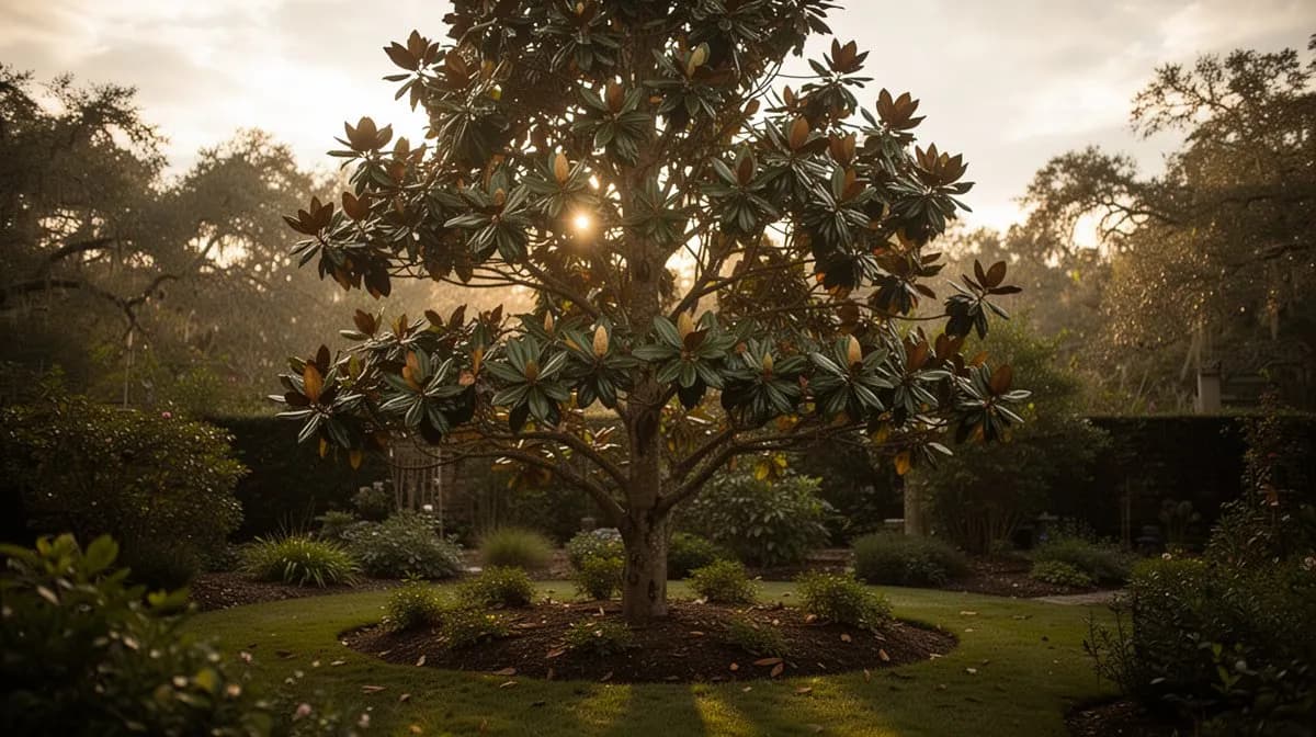 Immergrüne Magnolie als Solitärbaum in einer formalen Gartenlandschaft