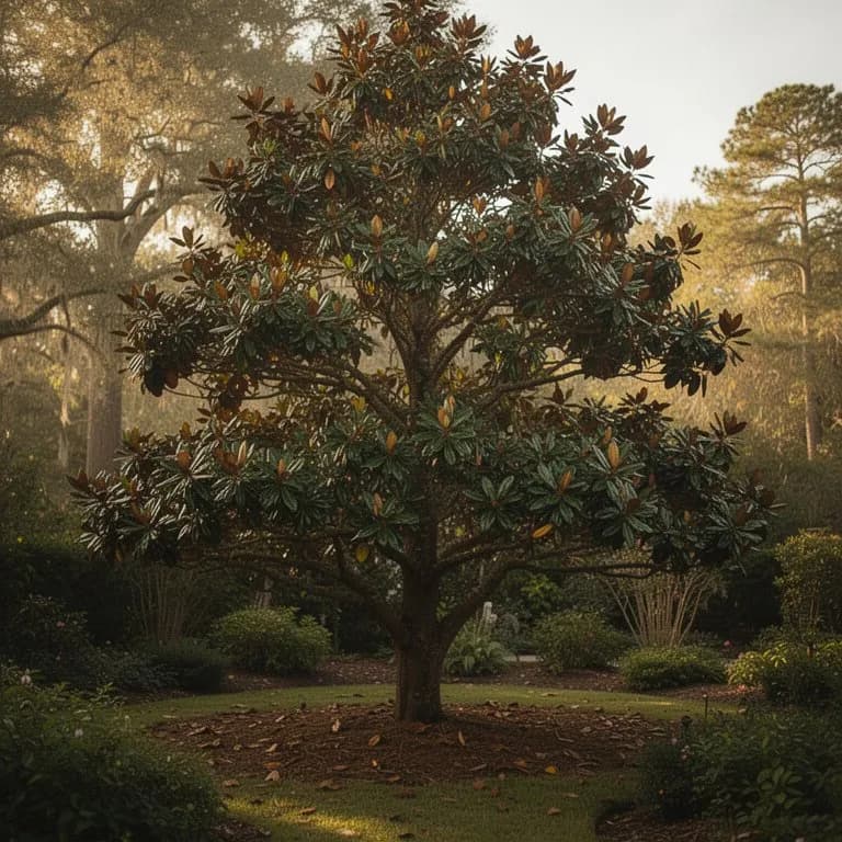 Ausgewachsene Magnolia grandiflora mit dichter pyramidaler Krone