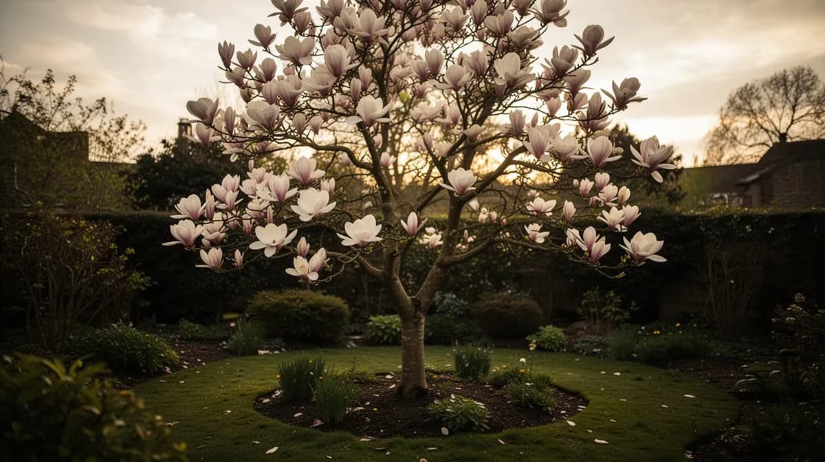 Tulpen-Magnolienbaum in voller Frühjahrsblüte vor dem Blattaustrieb