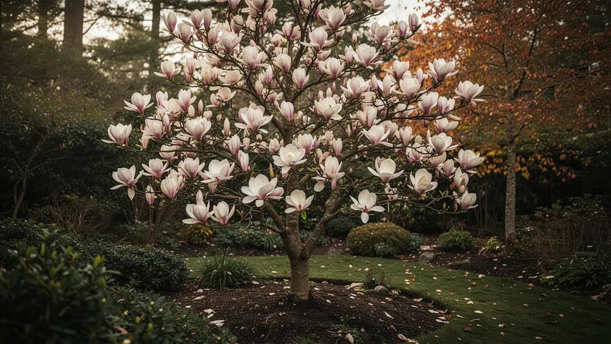 Magnolia de tazón en plena floración primaveral antes de que emerjan las hojas
