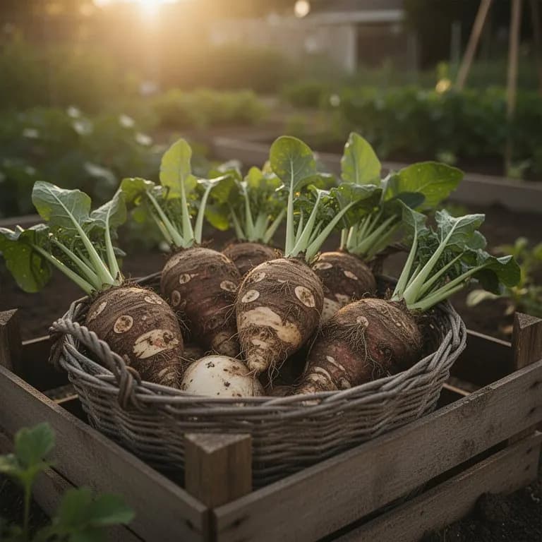 Frisch ausgegrabene Malanga-Knollen und Nebenknollen mit Erde bedeckt und noch anhaftenden Wurzeln