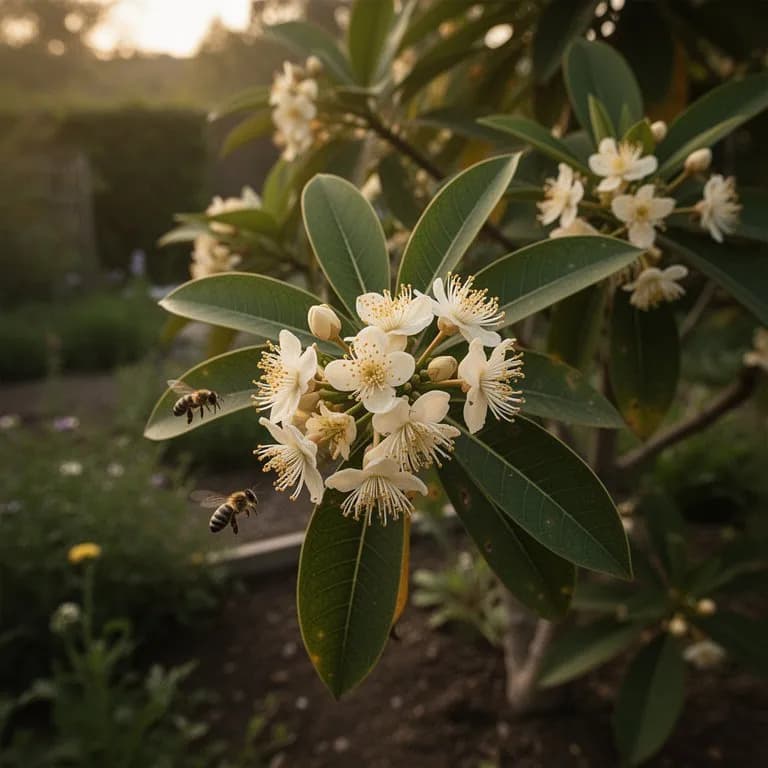 Mango tree in full bloom with clusters of small white flowers