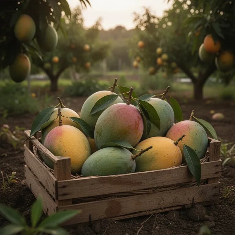 Freshly harvested mangoes in a wicker basket