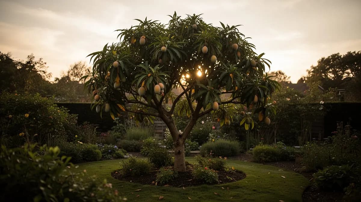 Großer ausgewachsener Mangobaum mit breiter, ausladender Krone, die Schatten spendet