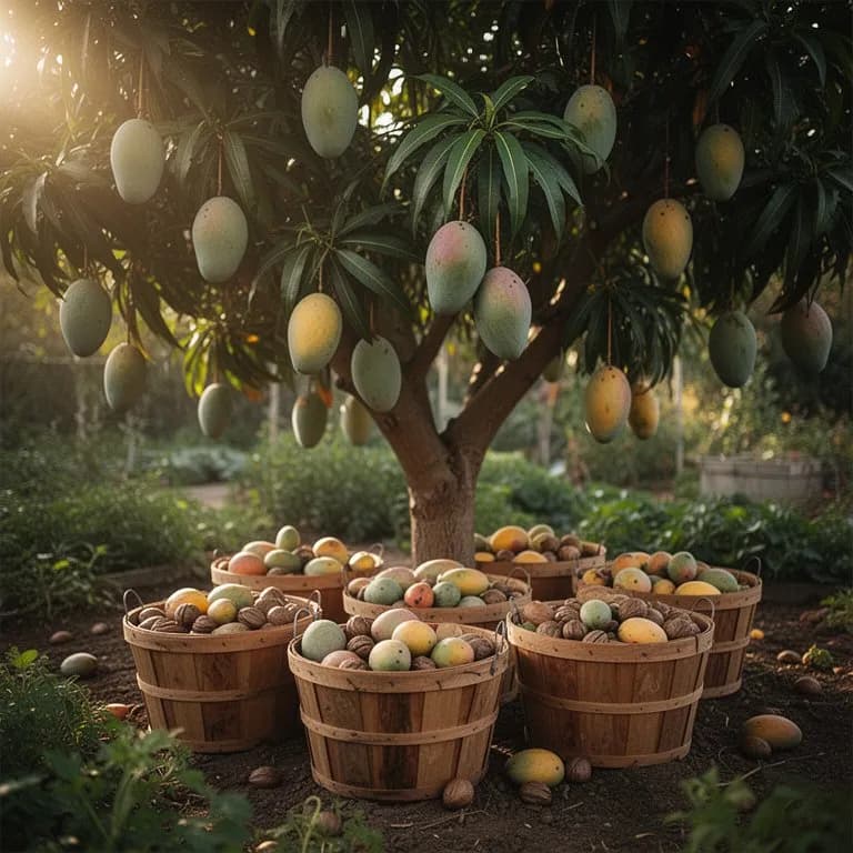 Reife goldgelbe Mangos, erntereif an einem ausgewachsenen Baum