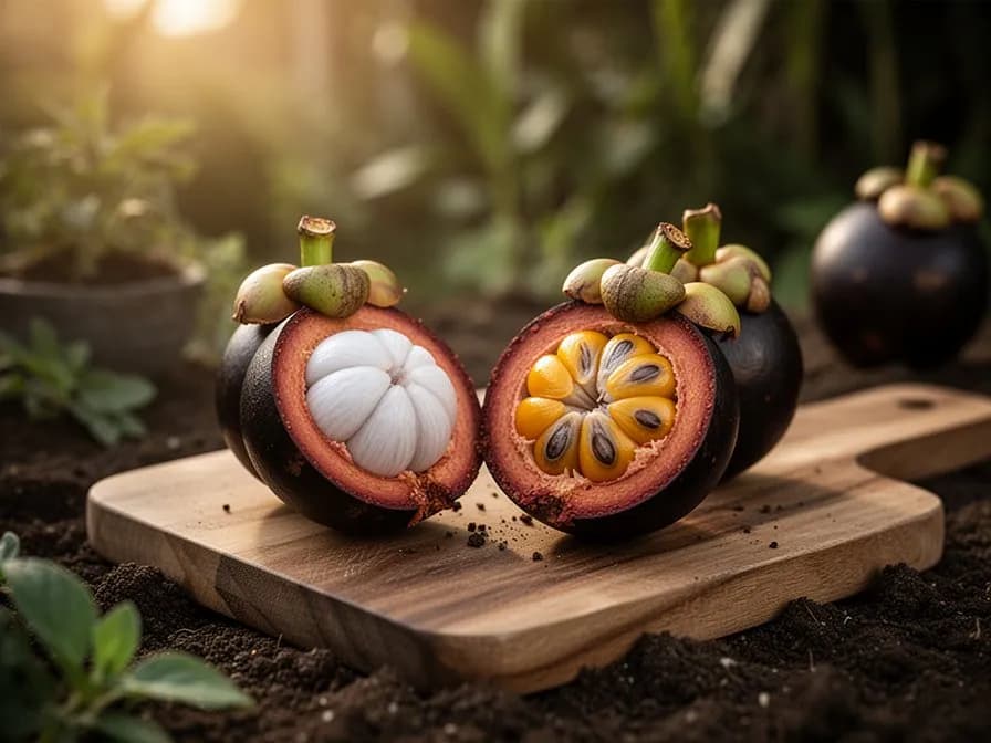 Halbierte Mangostanfrucht mit weißen, durchscheinenden Segmenten in der violetten Schale