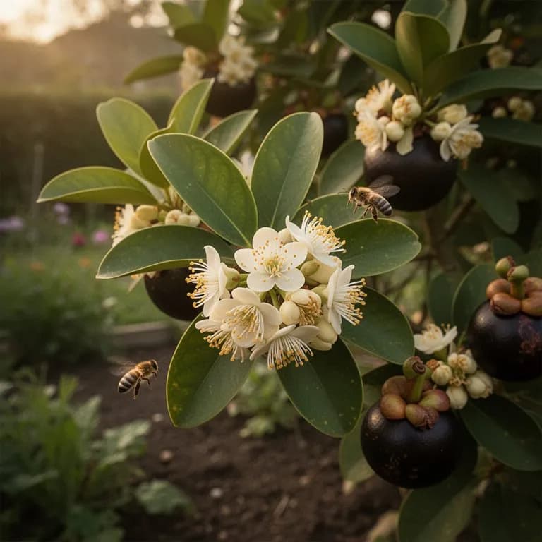 Mangostanblüten mit dicken, fleischigen rosa-grünen Blütenblättern an den Astspitzen