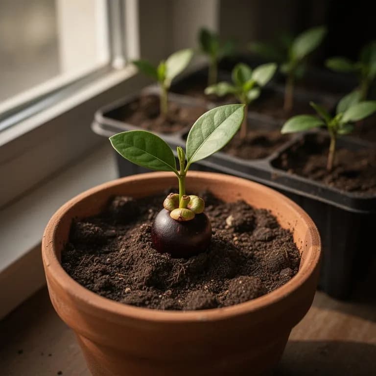 Junger Mangostansämling mit glänzend dunkelgrünen Blättern in einem Anzuchttopf