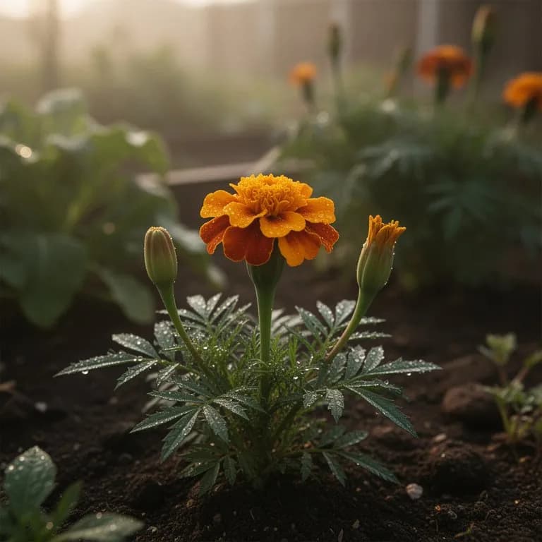 Primer plano de una flor de caléndula africana completamente abierta con pétalos densamente apilados