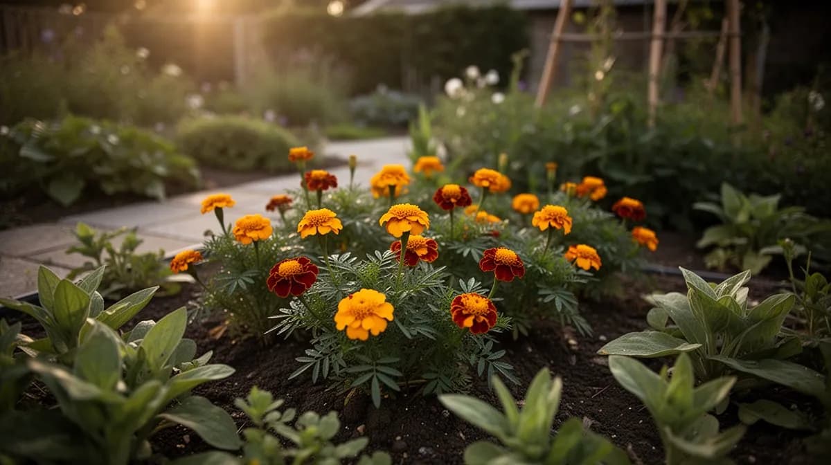 Caléndulas africanas plantadas junto a tomates y pimientos como compañeras