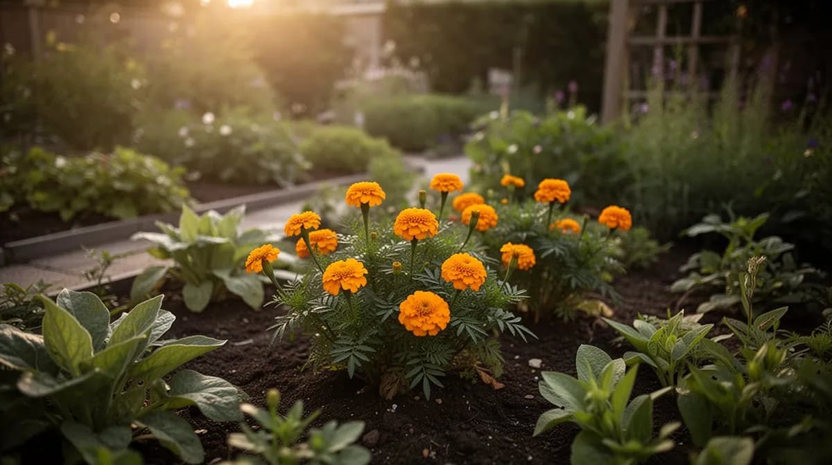 Gewürztagetes neben Tomaten und Basilikum in einem Gartenbeet gepflanzt