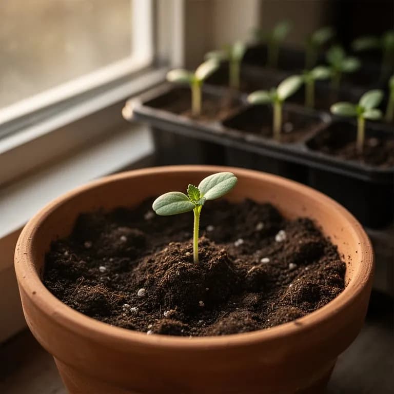 Gewürztagetes-Sämlinge mit ersten echten Blättern