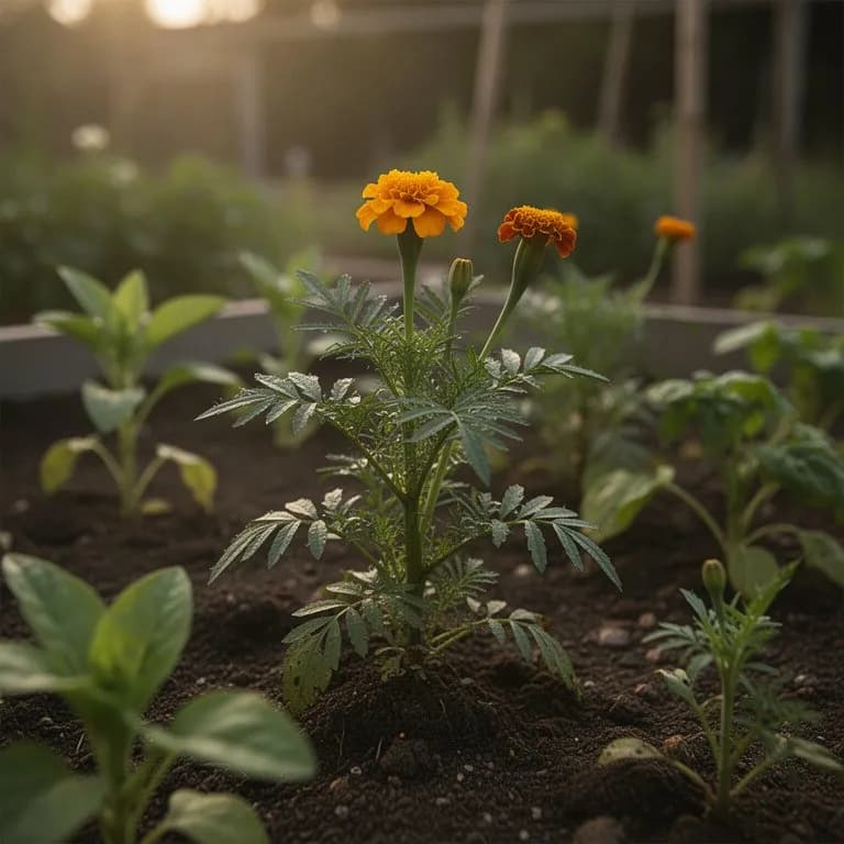 Nahaufnahme des filigranen, fein geteilten Laubs der Gewürztagetes