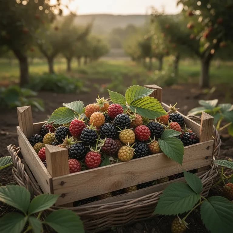 A wooden basket overflowing with freshly picked marionberries