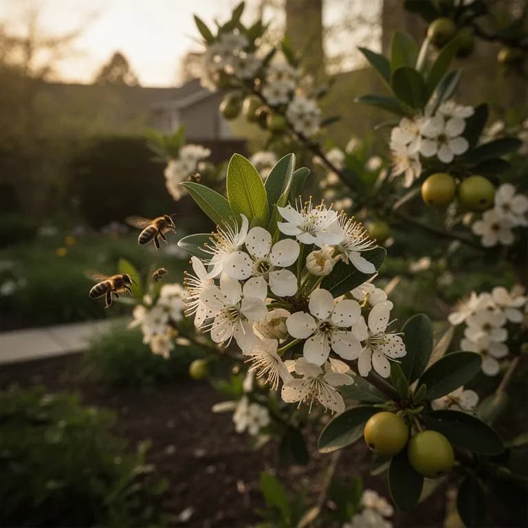 Mayhaw-Baum bedeckt mit Büscheln kleiner weißer Blüten im frühen Frühling vor einer sumpfigen Tieflandkulisse