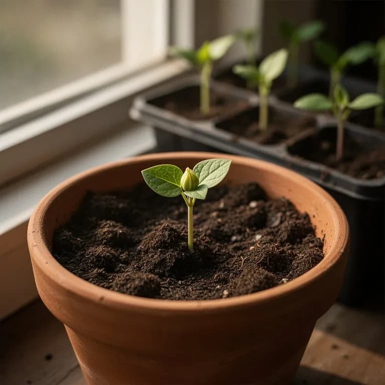 Junger Maypop-Sämling mit ersten dreilappigen Blättern, die aus dem Boden sprießen