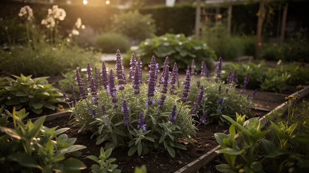 Meadow sage planted in a naturalistic garden border alongside ornamental grasses and echinacea