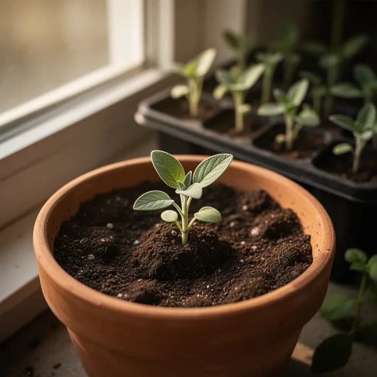 Young meadow sage seedling with rugose basal leaves forming a low rosette