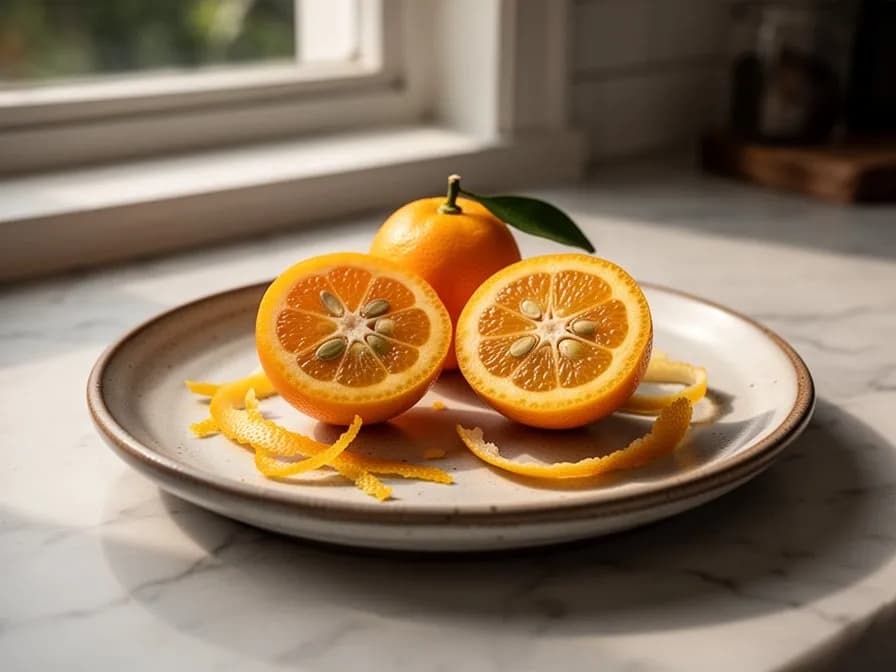 Nahaufnahme einer reifen Meiwa-Kumquatfrucht, die die glatte, runde, goldorangefarbene Schale und die dicke, süße Rinde zeigt