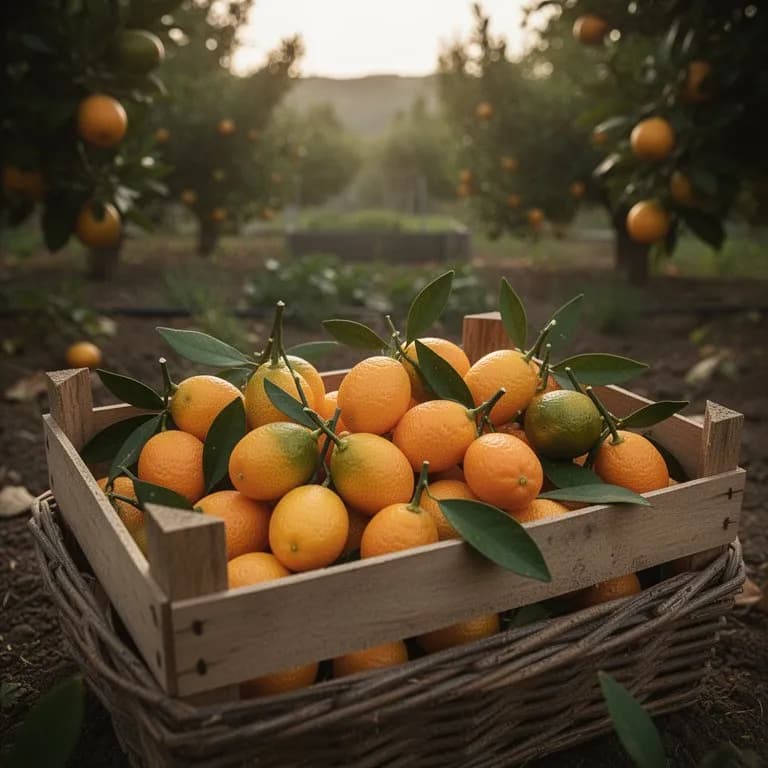 Schale mit frisch geernteten Meiwa-Kumquats neben aufgeschnittenen Früchten, die das saftige, segmentierte Innere zeigen