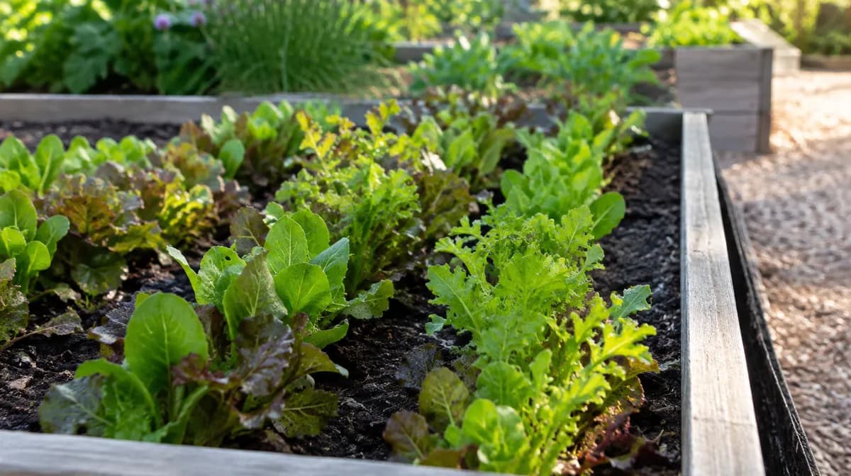 Gartenbeet mit aufeinanderfolgenden Mesclun-Bändern, im Abstand von zwei Wochen ausgesät